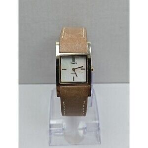 Timex Indiglo Womens Tank Cuff Watch MOP Dial Gold Tone Quartz New Battery Tan